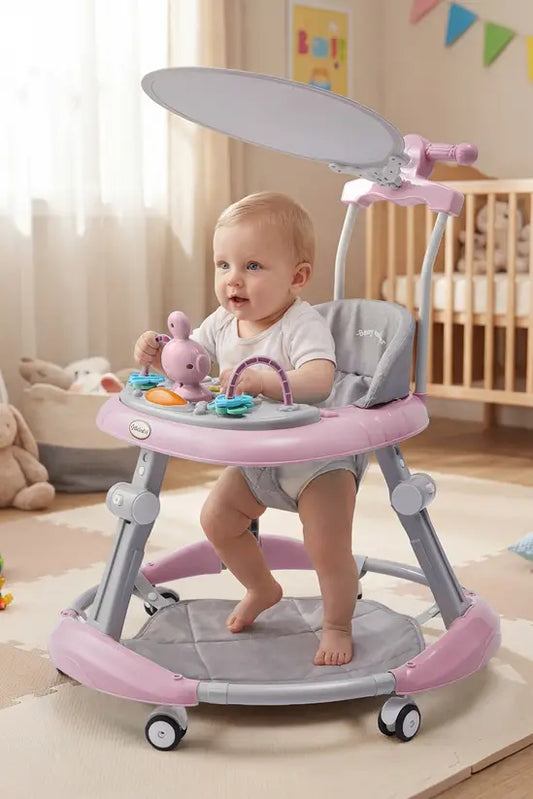 3-in-1 Baby Walker with Push Handle & Sunshade, Foldable Adjustable Height Anti-Rollover Activity Walker for Babies 6-18 Months