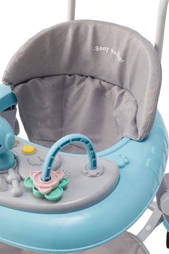 3-in-1 Blue Baby Walker with Push Handle & Sunshade, Foldable Adjustable Height Anti-Rollover Activity Walker for Babies 6-18 Months