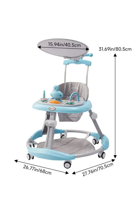 3-in-1 Blue Baby Walker with Push Handle & Sunshade, Foldable Adjustable Height Anti-Rollover Activity Walker for Babies 6-18 Months