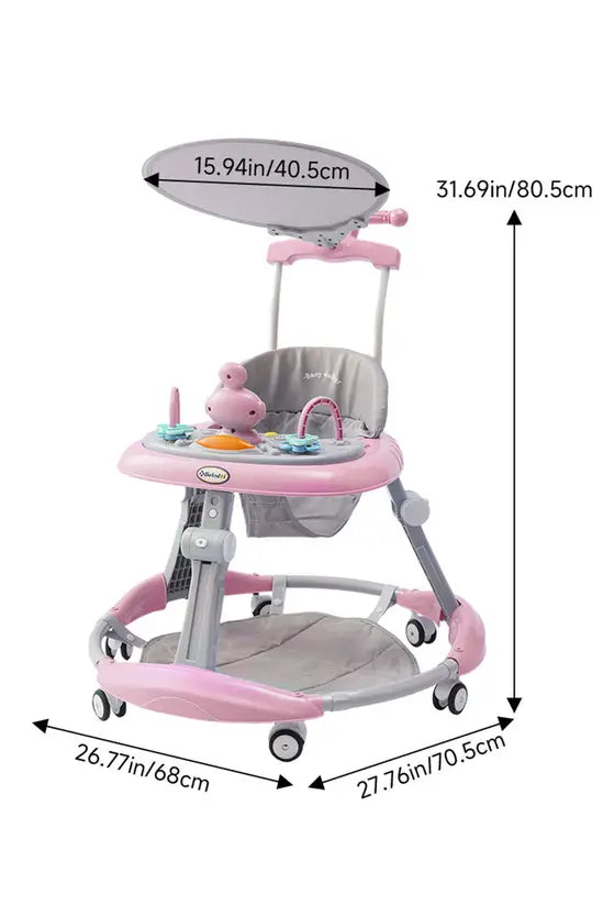 3-in-1 Baby Walker with Push Handle & Sunshade, Foldable Adjustable Height Anti-Rollover Activity Walker for Babies 6-18 Months