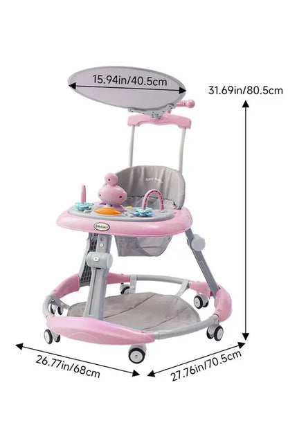 3-in-1 Baby Walker with Push Handle & Sunshade, Foldable Adjustable Height Anti-Rollover Activity Walker for Babies 6-18 Months