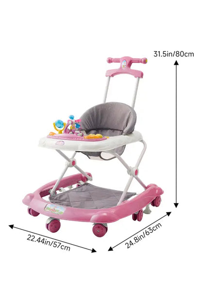 -in-1 Pink Baby Walker with Push Handle, Foldable Adjustable Height Anti-Rollover Activity Walker with Music for Babies 6-18 Months