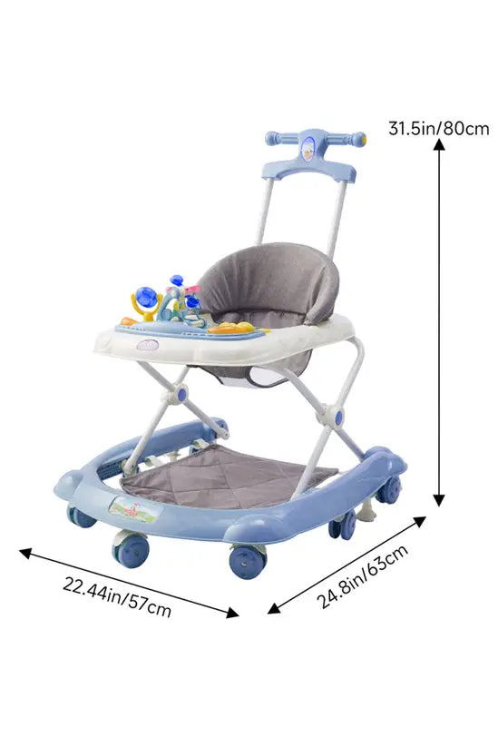 3-in-1 Foldable Baby Walker with Push Handle, Adjustable Height Anti-Rollover Activity Walker with Music for Babies 6-18 Months (Blue)