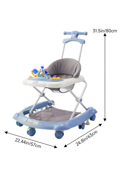 3-in-1 Foldable Baby Walker with Push Handle, Adjustable Height Anti-Rollover Activity Walker with Music for Babies 6-18 Months (Blue)