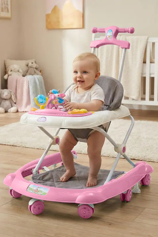 -in-1 Pink Baby Walker with Push Handle, Foldable Adjustable Height Anti-Rollover Activity Walker with Music for Babies 6-18 Months