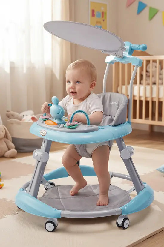 3-in-1 Blue Baby Walker with Push Handle & Sunshade, Foldable Adjustable Height Anti-Rollover Activity Walker for Babies 6-18 Months