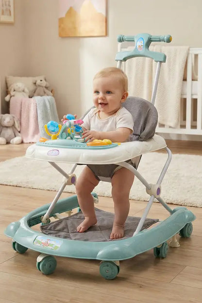 3-in-1 Foldable Baby Walker with Push Handle, Adjustable Height Anti-Rollover Activity Walker with Music for Babies 6-18 Months