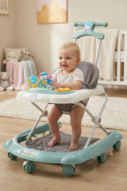 3-in-1 Foldable Baby Walker with Push Handle, Adjustable Height Anti-Rollover Activity Walker with Music for Babies 6-18 Months