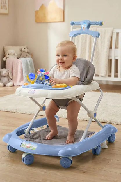 3-in-1 Foldable Baby Walker with Push Handle, Adjustable Height Anti-Rollover Activity Walker with Music for Babies 6-18 Months (Blue)