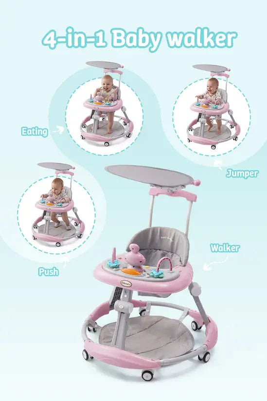 3-in-1 Baby Walker with Push Handle & Sunshade, Foldable Adjustable Height Anti-Rollover Activity Walker for Babies 6-18 Months