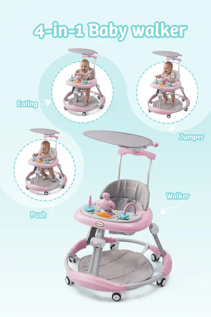 3-in-1 Baby Walker with Push Handle & Sunshade, Foldable Adjustable Height Anti-Rollover Activity Walker for Babies 6-18 Months