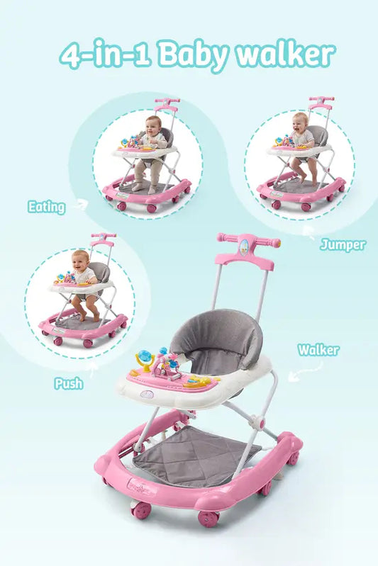 -in-1 Pink Baby Walker with Push Handle, Foldable Adjustable Height Anti-Rollover Activity Walker with Music for Babies 6-18 Months