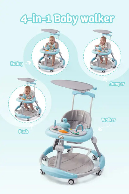 3-in-1 Blue Baby Walker with Push Handle & Sunshade, Foldable Adjustable Height Anti-Rollover Activity Walker for Babies 6-18 Months