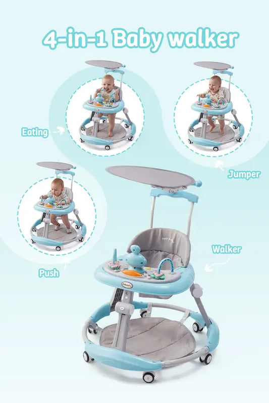 3-in-1 Blue Baby Walker with Push Handle & Sunshade, Foldable Adjustable Height Anti-Rollover Activity Walker for Babies 6-18 Months