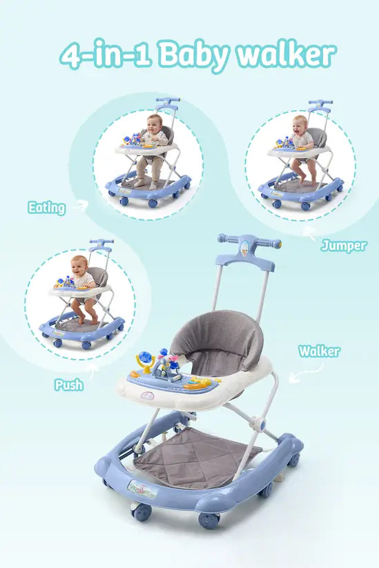 3-in-1 Foldable Baby Walker with Push Handle, Adjustable Height Anti-Rollover Activity Walker with Music for Babies 6-18 Months (Blue)