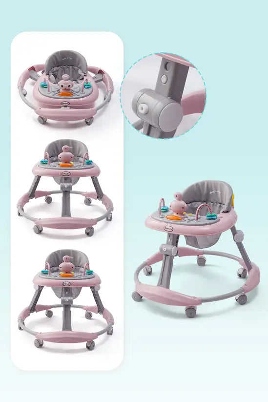 3-in-1 Baby Walker with Push Handle & Sunshade, Foldable Adjustable Height Anti-Rollover Activity Walker for Babies 6-18 Months