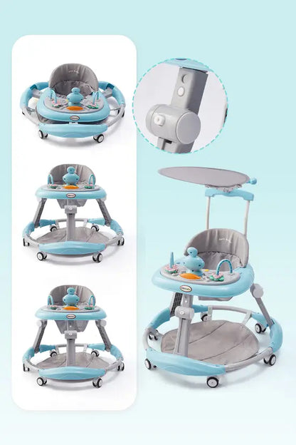 3-in-1 Blue Baby Walker with Push Handle & Sunshade, Foldable Adjustable Height Anti-Rollover Activity Walker for Babies 6-18 Months