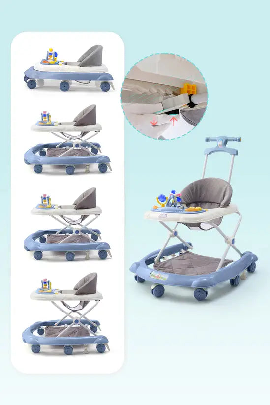 3-in-1 Foldable Baby Walker with Push Handle, Adjustable Height Anti-Rollover Activity Walker with Music for Babies 6-18 Months (Blue)