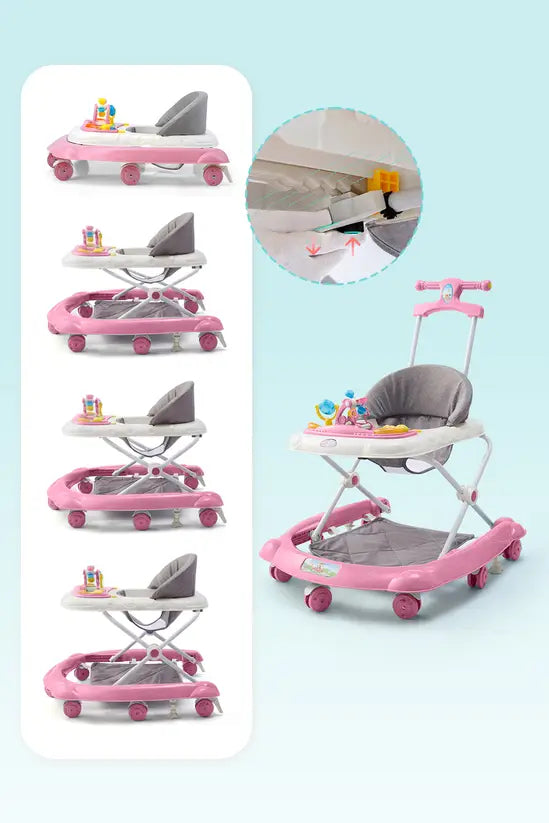 -in-1 Pink Baby Walker with Push Handle, Foldable Adjustable Height Anti-Rollover Activity Walker with Music for Babies 6-18 Months