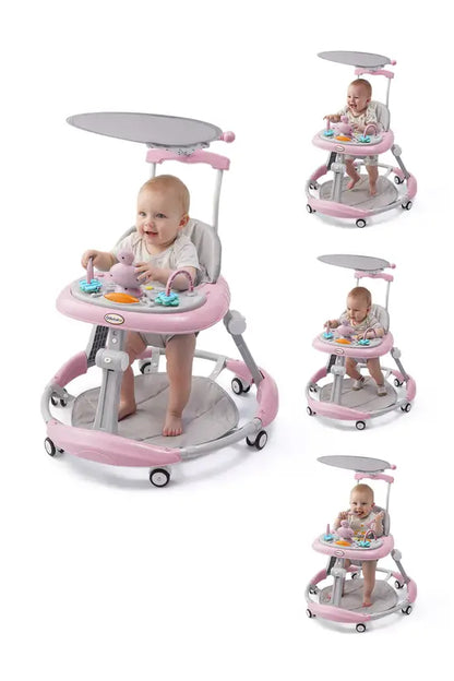 3-in-1 Baby Walker with Push Handle & Sunshade, Foldable Adjustable Height Anti-Rollover Activity Walker for Babies 6-18 Months