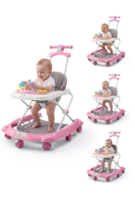 -in-1 Pink Baby Walker with Push Handle, Foldable Adjustable Height Anti-Rollover Activity Walker with Music for Babies 6-18 Months
