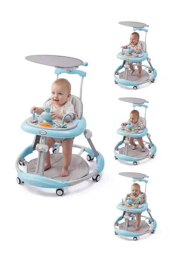 3-in-1 Blue Baby Walker with Push Handle & Sunshade, Foldable Adjustable Height Anti-Rollover Activity Walker for Babies 6-18 Months