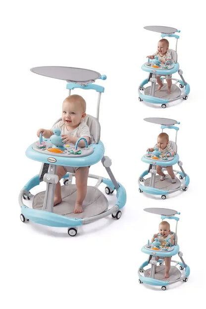 3-in-1 Blue Baby Walker with Push Handle & Sunshade, Foldable Adjustable Height Anti-Rollover Activity Walker for Babies 6-18 Months