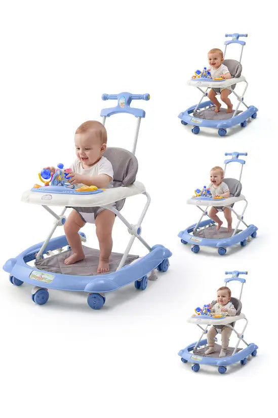3-in-1 Foldable Baby Walker with Push Handle, Adjustable Height Anti-Rollover Activity Walker with Music for Babies 6-18 Months (Blue)