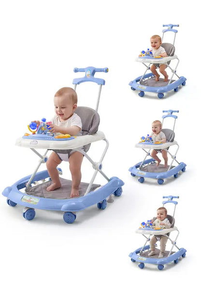 3-in-1 Foldable Baby Walker with Push Handle, Adjustable Height Anti-Rollover Activity Walker with Music for Babies 6-18 Months (Blue)