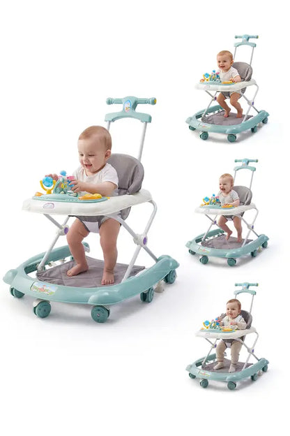 3-in-1 Foldable Baby Walker with Push Handle, Adjustable Height Anti-Rollover Activity Walker with Music for Babies 6-18 Months