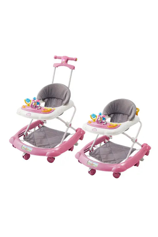 -in-1 Pink Baby Walker with Push Handle, Foldable Adjustable Height Anti-Rollover Activity Walker with Music for Babies 6-18 Months