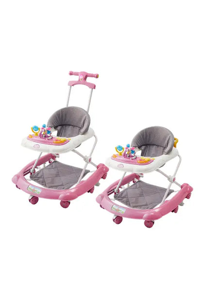 -in-1 Pink Baby Walker with Push Handle, Foldable Adjustable Height Anti-Rollover Activity Walker with Music for Babies 6-18 Months