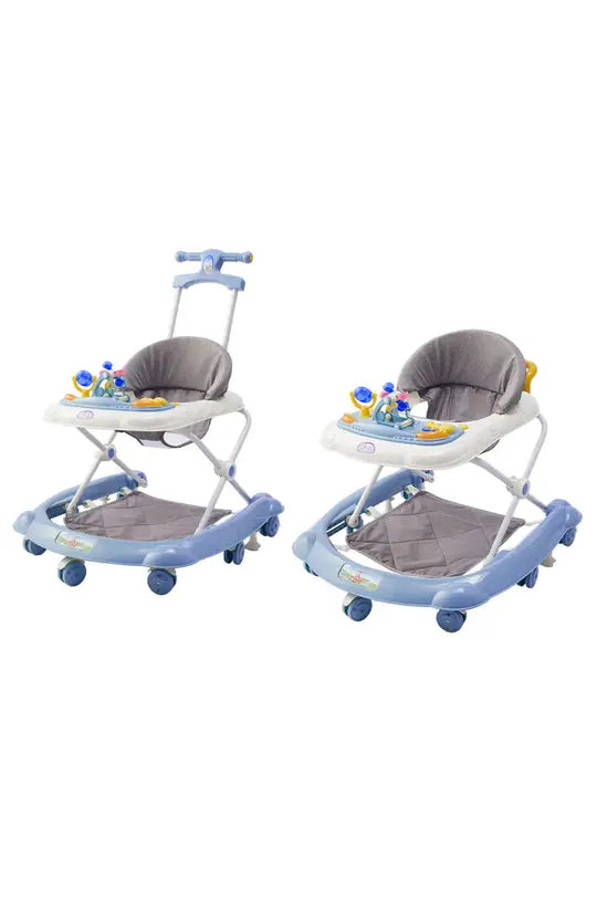 3-in-1 Foldable Baby Walker with Push Handle, Adjustable Height Anti-Rollover Activity Walker with Music for Babies 6-18 Months (Blue)