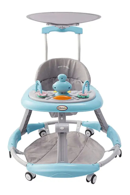 3-in-1 Blue Baby Walker with Push Handle & Sunshade, Foldable Adjustable Height Anti-Rollover Activity Walker for Babies 6-18 Months