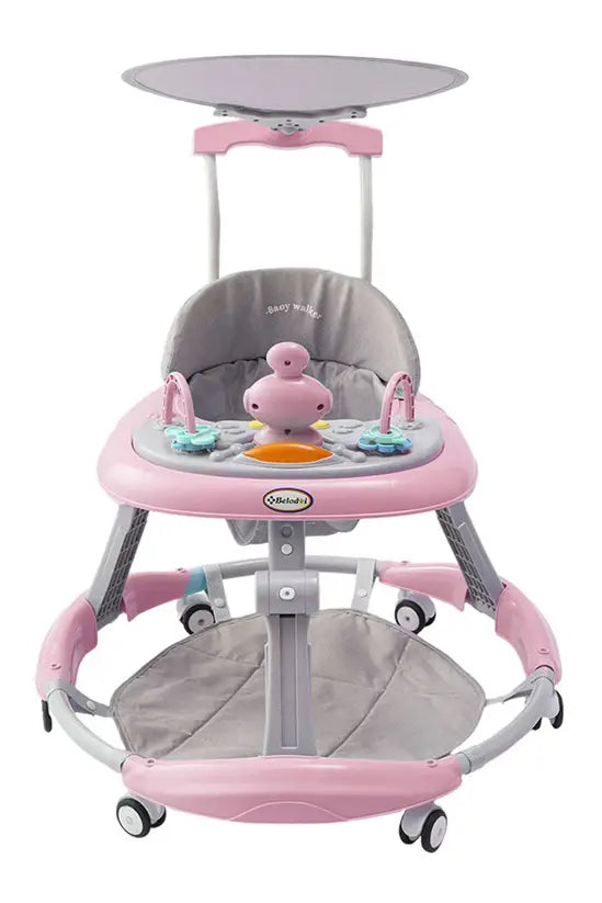 3-in-1 Baby Walker with Push Handle & Sunshade, Foldable Adjustable Height Anti-Rollover Activity Walker for Babies 6-18 Months