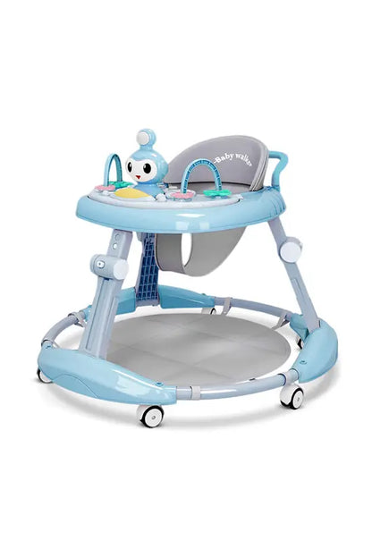 3-in-1 Blue Baby Walker with Push Handle & Sunshade, Foldable Adjustable Height Anti-Rollover Activity Walker for Babies 6-18 Months