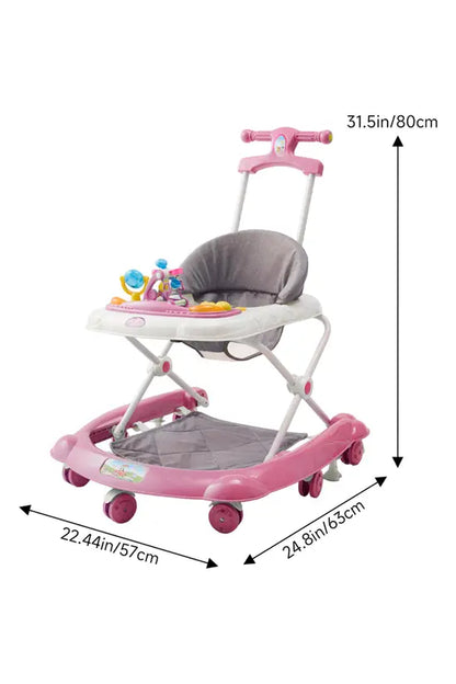 -in-1 Pink Baby Walker with Push Handle, Foldable Adjustable Height Anti-Rollover Activity Walker with Music for Babies 6-18 Months