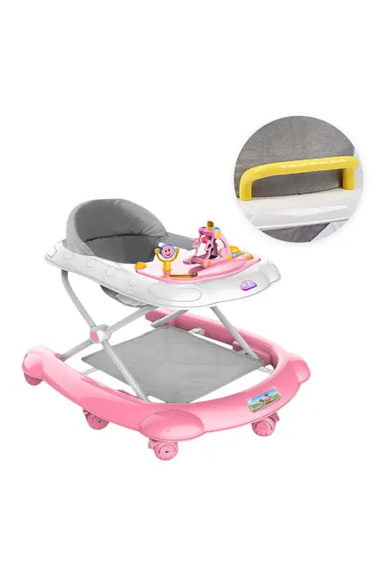 -in-1 Pink Baby Walker with Push Handle, Foldable Adjustable Height Anti-Rollover Activity Walker with Music for Babies 6-18 Months