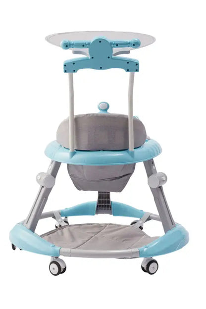 3-in-1 Blue Baby Walker with Push Handle & Sunshade, Foldable Adjustable Height Anti-Rollover Activity Walker for Babies 6-18 Months