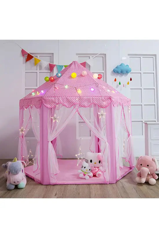 Pink Princess Castle Play Tent, Hexagonal Kids Playhouse with Mesh Curtains, Indoor & Outdoor, for Girls 3+