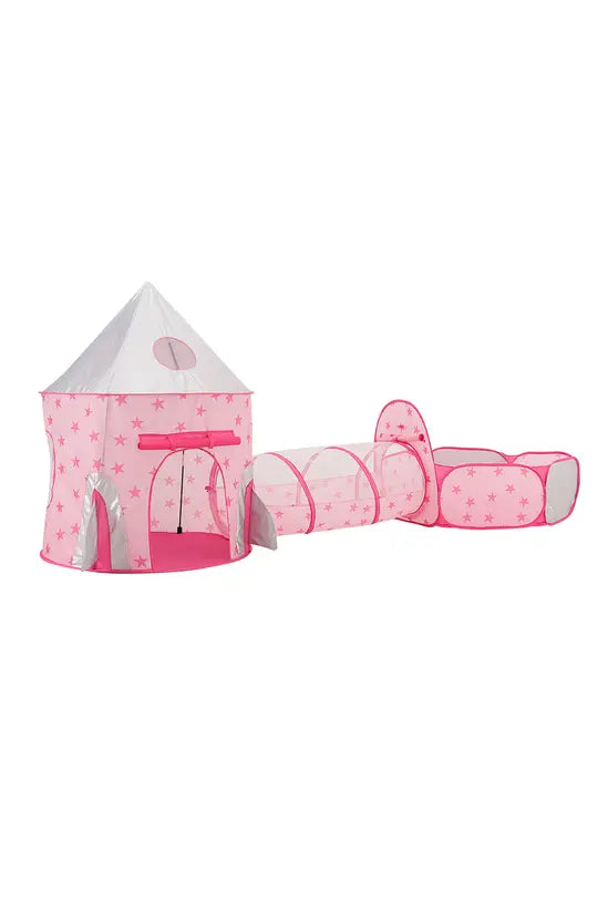 3-in-1 Pink Star Kids Play Tent Set with Tunnel & Ball Pit, Pop-Up Indoor/Outdoor Castle, 135cm Tall