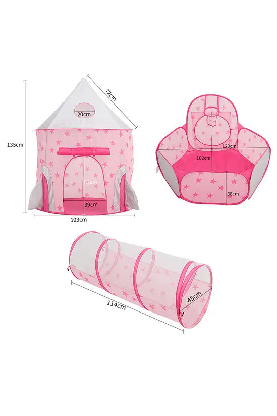 3-in-1 Pink Star Kids Play Tent Set with Tunnel & Ball Pit, Pop-Up Indoor/Outdoor Castle, 135cm Tall