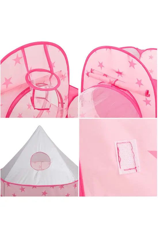 3-in-1 Pink Star Kids Play Tent Set with Tunnel & Ball Pit, Pop-Up Indoor/Outdoor Castle, 135cm Tall