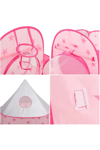 3-in-1 Pink Star Kids Play Tent Set with Tunnel & Ball Pit, Pop-Up Indoor/Outdoor Castle, 135cm Tall