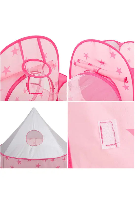 3-in-1 Pink Star Kids Play Tent Set with Tunnel & Ball Pit, Pop-Up Indoor/Outdoor Castle, 135cm Tall