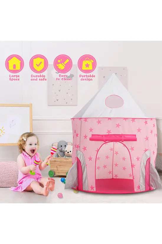 3-in-1 Pink Star Kids Play Tent Set with Tunnel & Ball Pit, Pop-Up Indoor/Outdoor Castle, 135cm Tall
