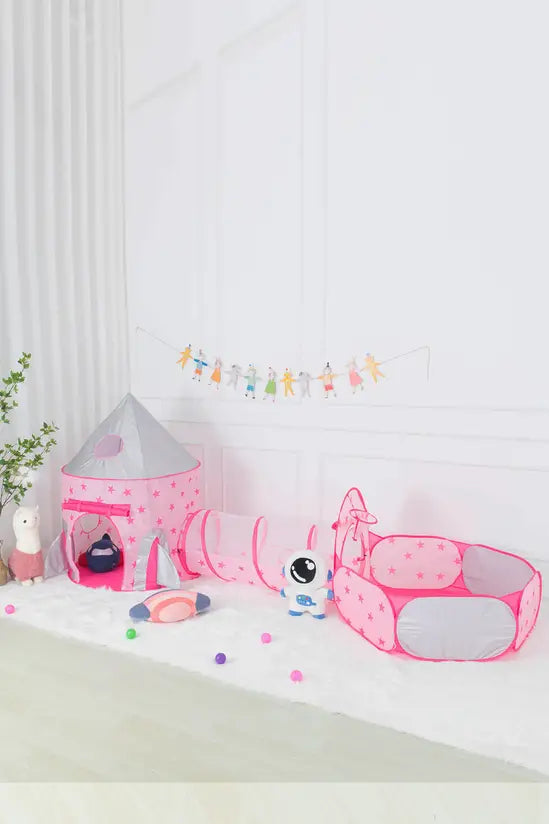 3-in-1 Pink Star Kids Play Tent Set with Tunnel & Ball Pit, Pop-Up Indoor/Outdoor Castle, 135cm Tall