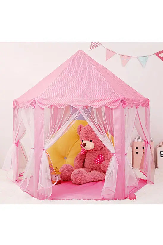 Pink Princess Play Tent, Hexagonal Kids Castle with Mesh Curtains, Indoor/Outdoor Playhouse, 140cm x 135cm