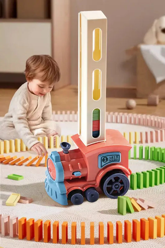 Domino Train Toy Set, Pink Electric Train with 100 Colorful Blocks, Automatic Domino Laying Game