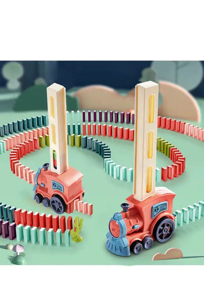 Domino Train Toy Set, Pink Electric Train with 100 Colorful Blocks, Automatic Domino Laying Game